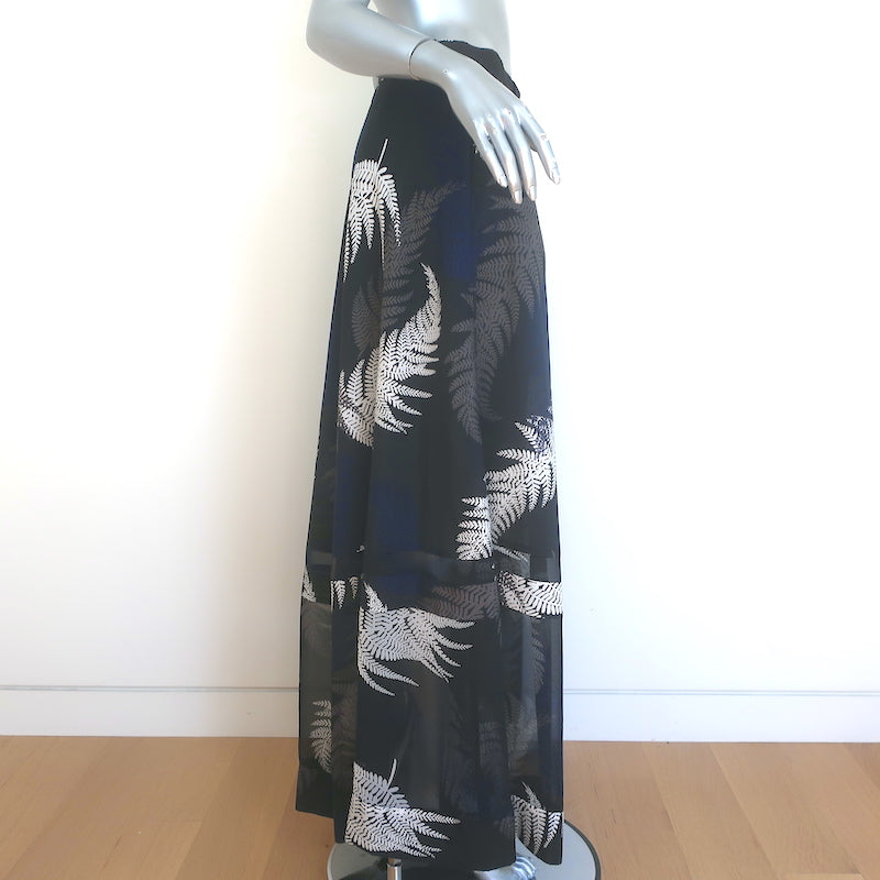Sacai Leaf Print Ultra Wide Leg Pants Black &amp; Navy Chiffon Size 2