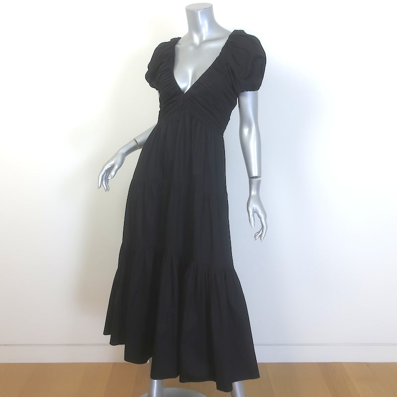 La Ligne Ina Puff Sleeve Tiered Midi Dress Black Cotton Poplin Size Medium