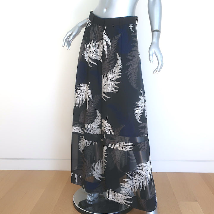 Sacai Leaf Print Ultra Wide Leg Pants Black &amp; Navy Chiffon Size 2