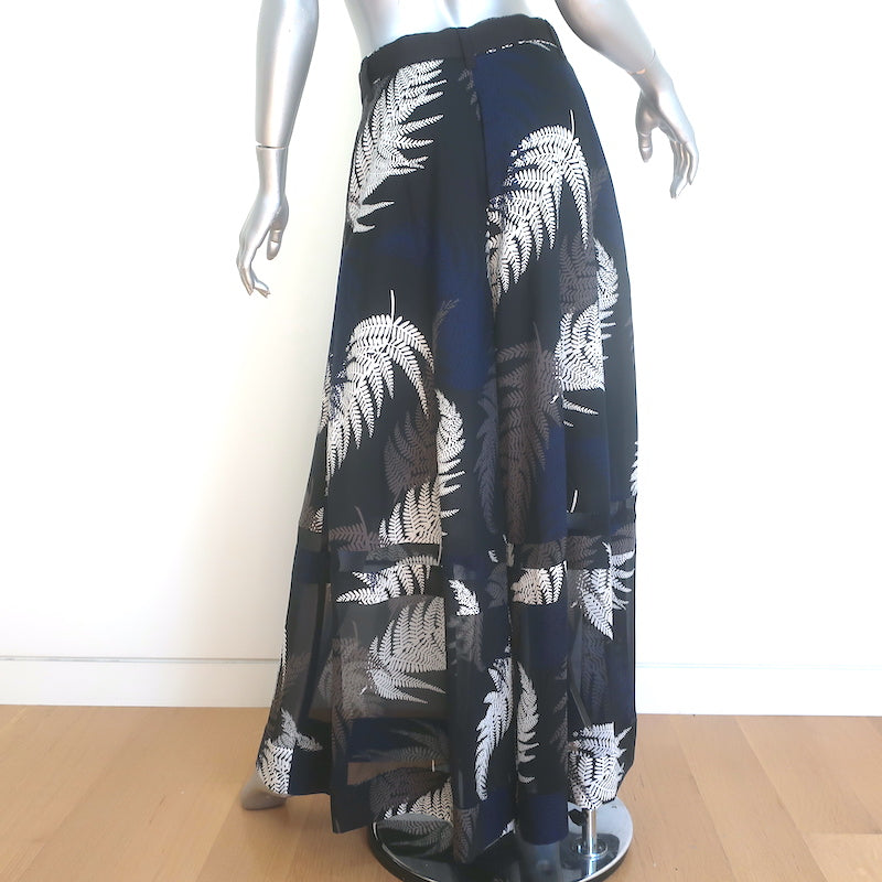 Sacai Leaf Print Ultra Wide Leg Pants Black &amp; Navy Chiffon Size 2