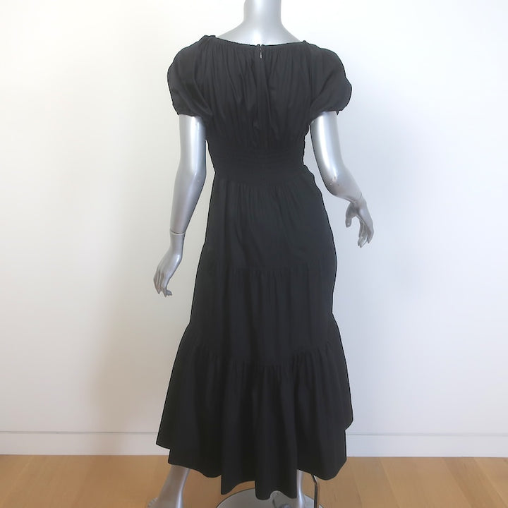 La Ligne Ina Puff Sleeve Tiered Midi Dress Black Cotton Poplin Size Medium