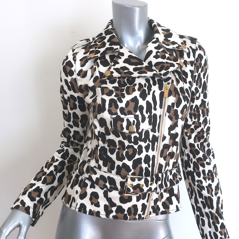 Blumarine Leopard Print Motorcycle Jacket Cream/Brown Stretch Cotton Size 40