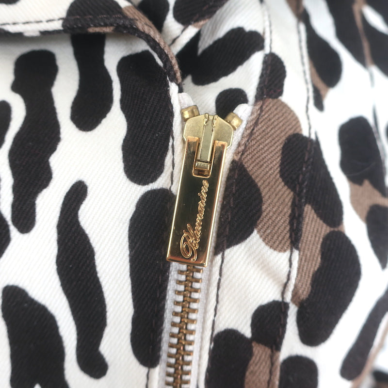 Blumarine Leopard Print Motorcycle Jacket Cream/Brown Stretch Cotton Size 40