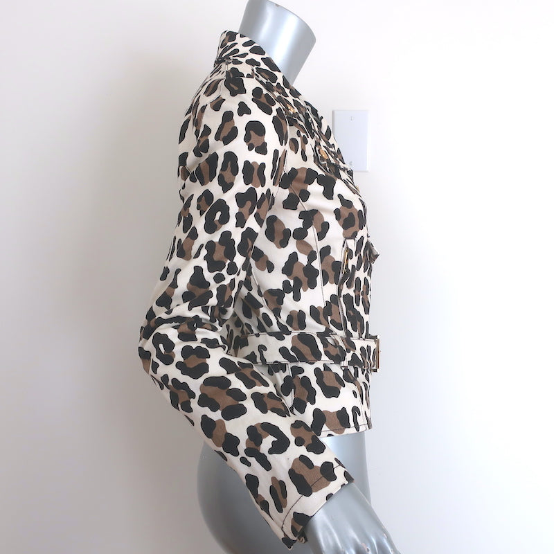 Blumarine Leopard Print Motorcycle Jacket Cream/Brown Stretch Cotton Size 40