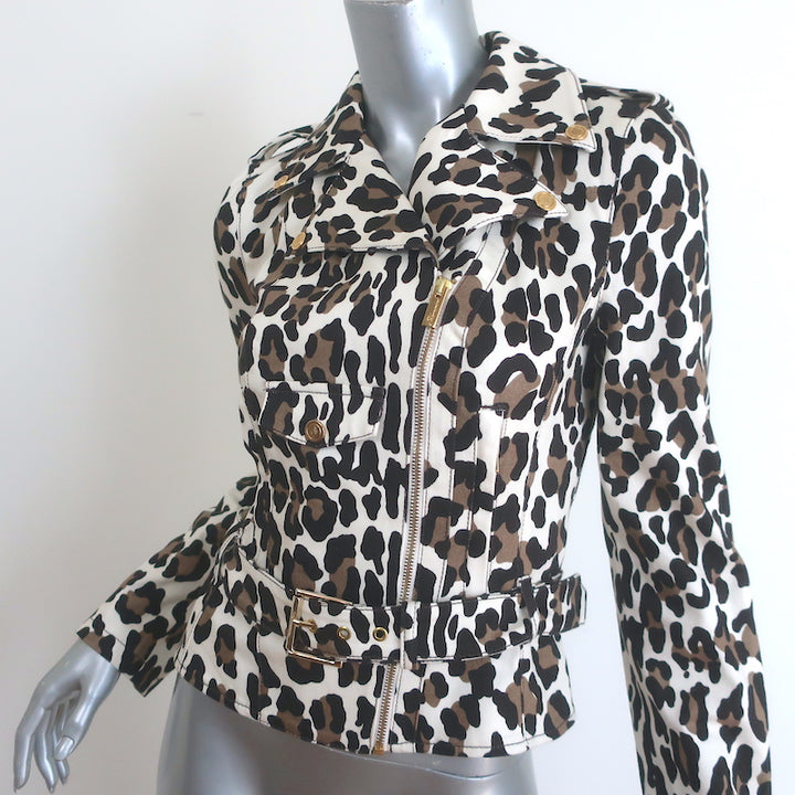 Blumarine Leopard Print Motorcycle Jacket Cream/Brown Stretch Cotton Size 40