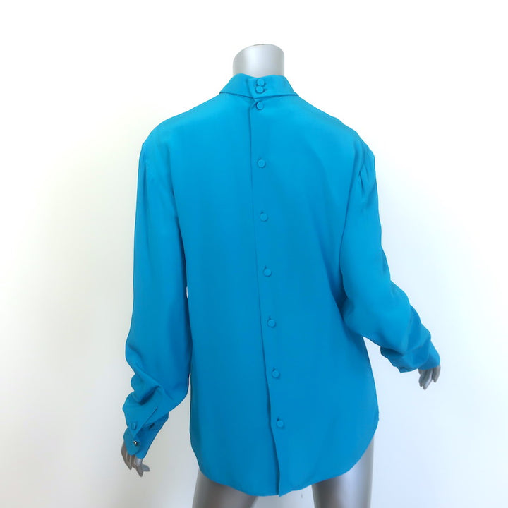 Gucci Button-Back Blouse Blue Silk Crepe de Chine Size 44 Long Sleeve Top