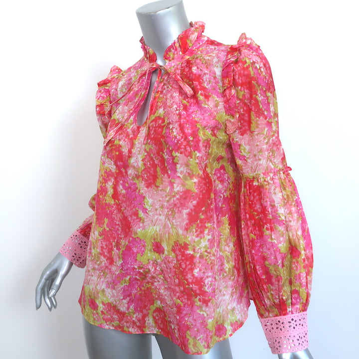 LoveShackFancy Blouse Ronalda Pink Floral Print Cotton-Silk Size Extra Small