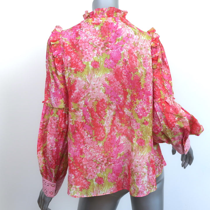 LoveShackFancy Blouse Ronalda Pink Floral Print Cotton-Silk Size Extra Small
