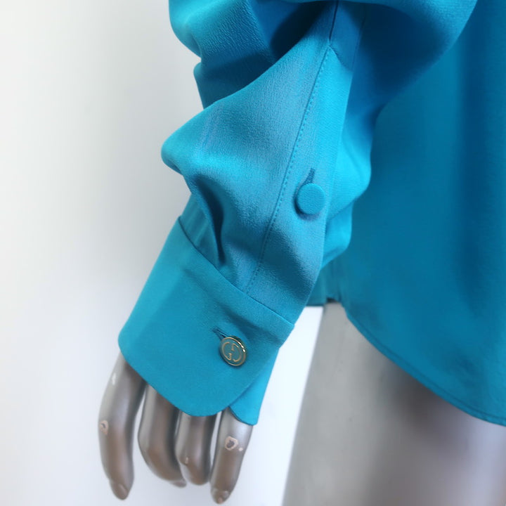 Gucci Button-Back Blouse Blue Silk Crepe de Chine Size 44 Long Sleeve Top