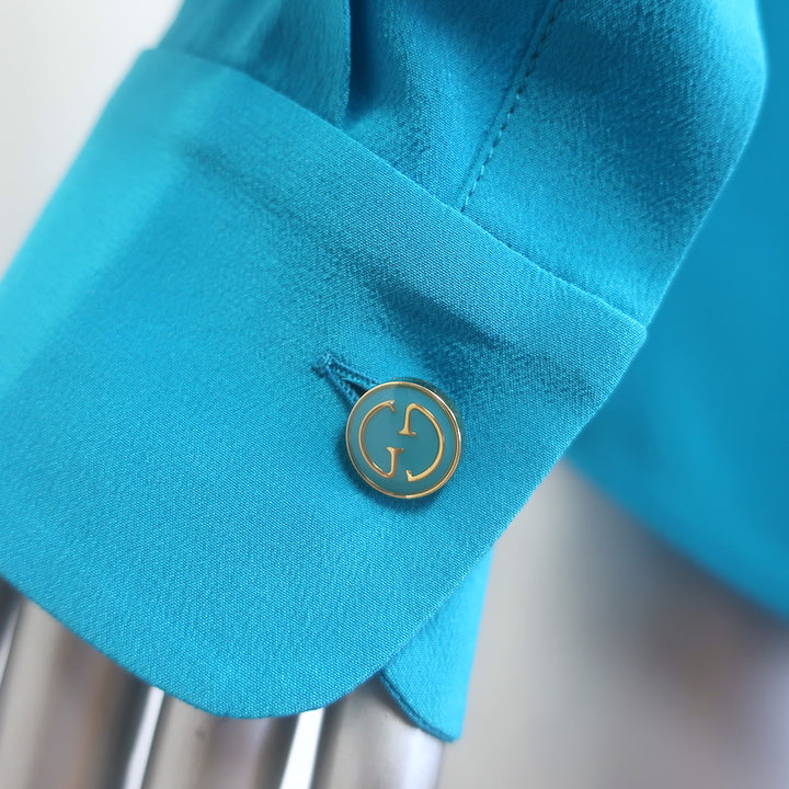 Gucci Button-Back Blouse Blue Silk Crepe de Chine Size 44 Long Sleeve Top