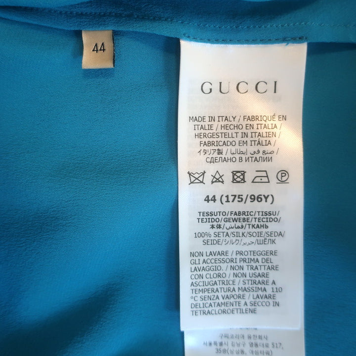 Gucci Button-Back Blouse Blue Silk Crepe de Chine Size 44 Long Sleeve Top