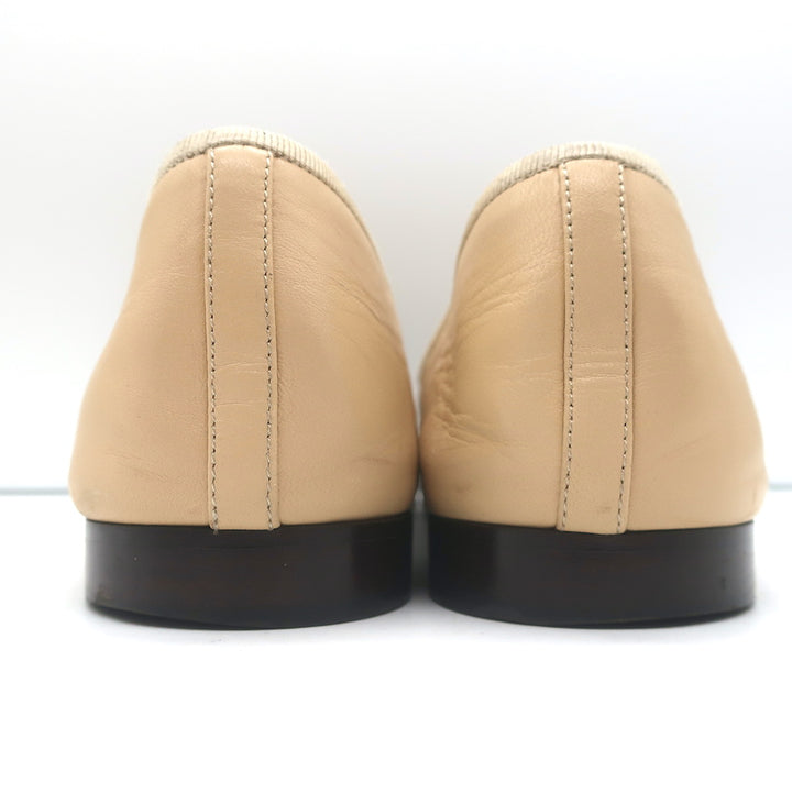 Chanel CC Cap Toe Bow Ballet Flats Beige/Black Lambskin Leather Size 42