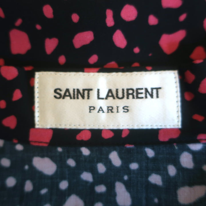 Saint Laurent Camp Collar Short Sleeve Shirt Black/Pink Dot Print Size 38