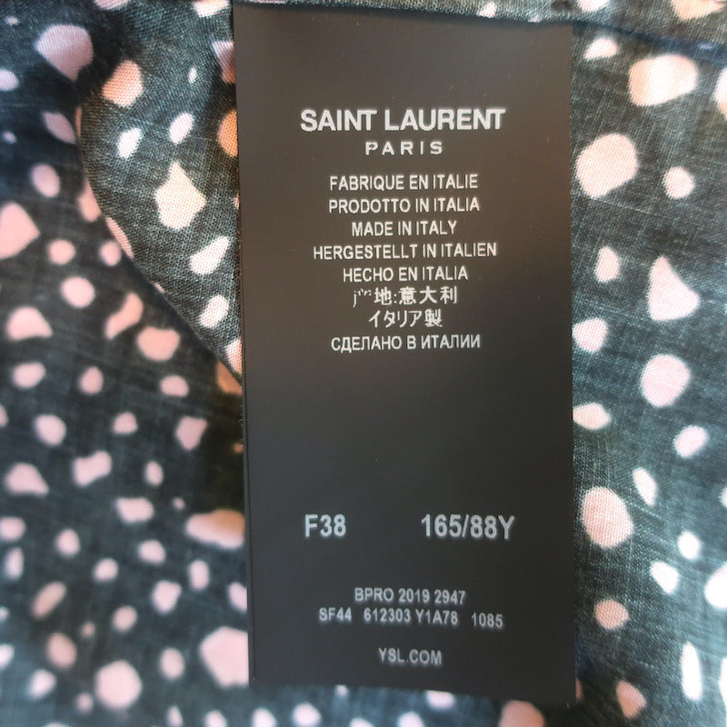 Saint Laurent Camp Collar Short Sleeve Shirt Black/Pink Dot Print Size 38