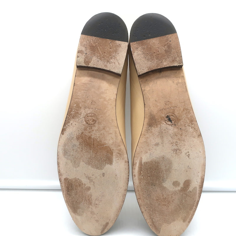 Chanel CC Cap Toe Bow Ballet Flats Beige/Black Lambskin Leather Size 42