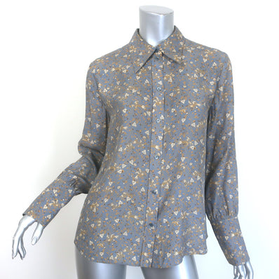 Chloe Button Down Blouse Blue-Gray Floral Print Silk Size 40 Long Sleeve Top
