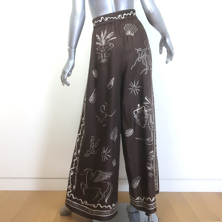 Alemais Sammy Wide Leg Pants Chocolate Printed Silk Twill Size US 8