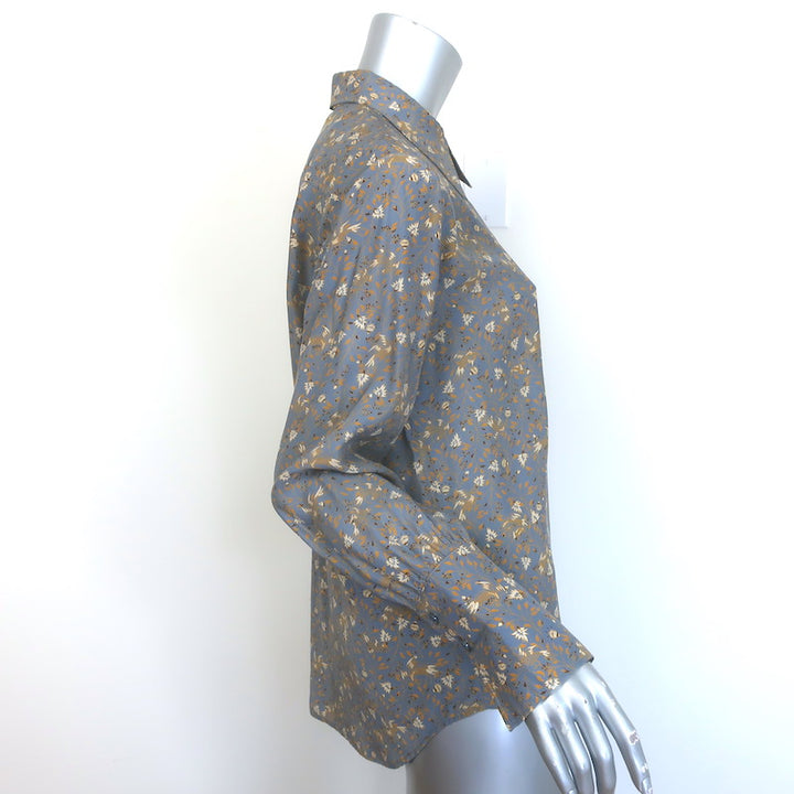 Chloe Button Down Blouse Blue-Gray Floral Print Silk Size 40 Long Sleeve Top