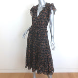 Ulla Johnson Emine Tiered Midi Dress Black Metallic Ikat Print Chiffon Size 8