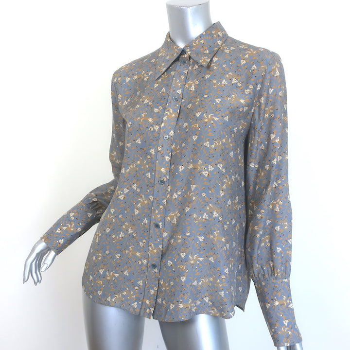 Chloe Button Down Blouse Blue-Gray Floral Print Silk Size 40 Long Sleeve Top