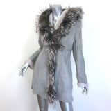 Artico Fox Fur-Trimmed Hooded Shearling Coat Gray Suede Size 44