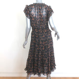 Ulla Johnson Emine Tiered Midi Dress Black Metallic Ikat Print Chiffon Size 8