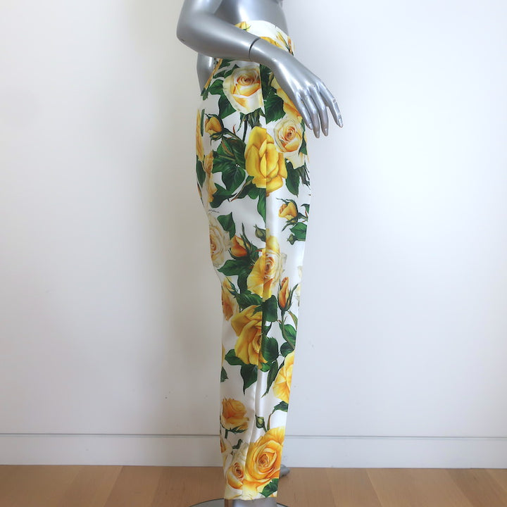 Dolce &amp; Gabbana Rose Print Tapered Trousers White/Yellow Silk Twill Size 46