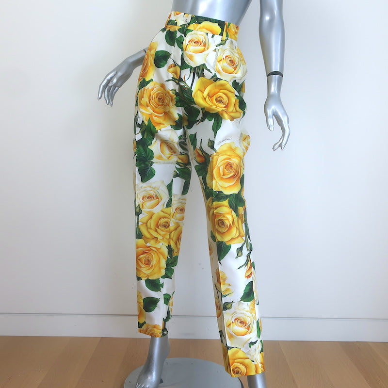 Dolce &amp; Gabbana Rose Print Tapered Trousers White/Yellow Silk Twill Size 46
