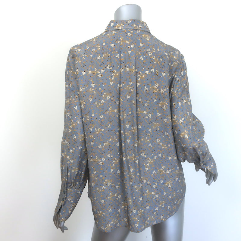 Chloe Button Down Blouse Blue-Gray Floral Print Silk Size 40 Long Sleeve Top