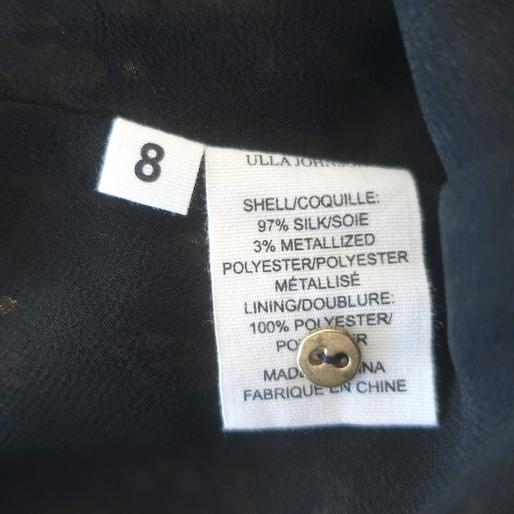 Ulla Johnson Emine Tiered Midi Dress Black Metallic Ikat Print Chiffon Size 8