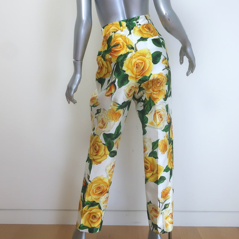 Dolce &amp; Gabbana Rose Print Tapered Trousers White/Yellow Silk Twill Size 46