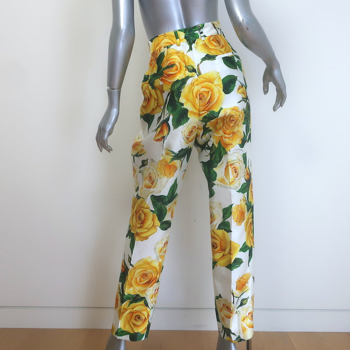 Dolce &amp; Gabbana Rose Print Tapered Trousers White/Yellow Silk Twill Size 46