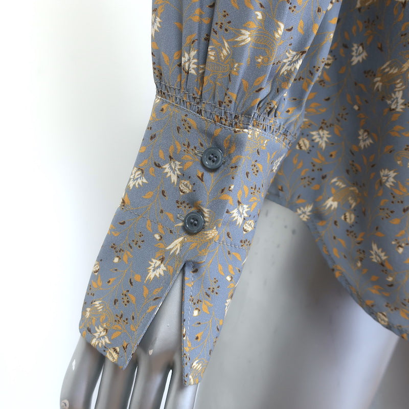 Chloe Button Down Blouse Blue-Gray Floral Print Silk Size 40 Long Sleeve Top