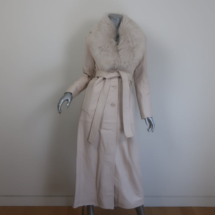 Nour Hammour Dakota Fur-Collar Long Leather Coat Powder Size 34 NEW