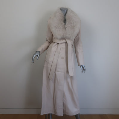Nour Hammour Dakota Fur-Collar Long Leather Coat Powder Size 34 NEW