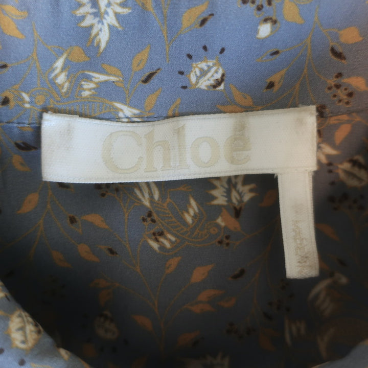 Chloe Button Down Blouse Blue-Gray Floral Print Silk Size 40 Long Sleeve Top