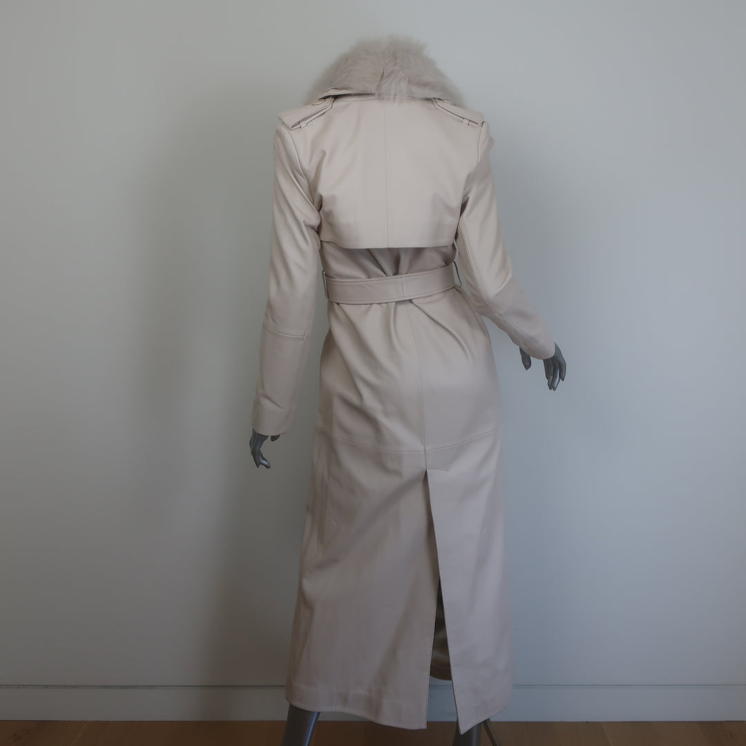 Nour Hammour Dakota Fur-Collar Long Leather Coat Powder Size 34 NEW