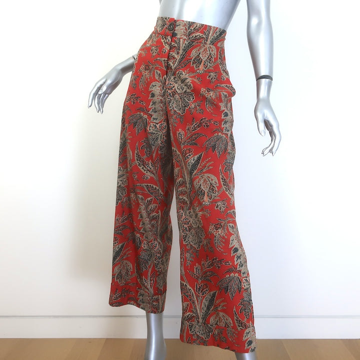 Pierre-Louis Mascia Cropped Floral Print Pants Red Stretch Silk Size Large