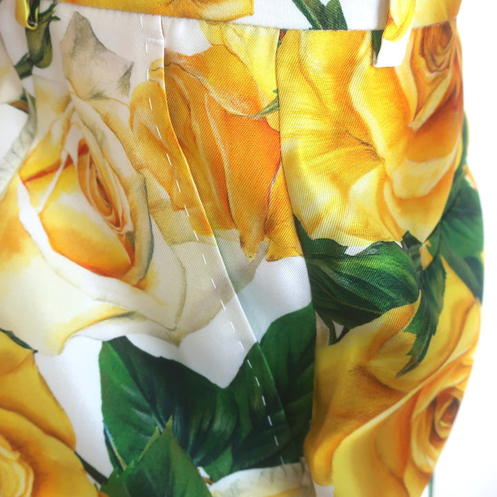 Dolce &amp; Gabbana Rose Print Tapered Trousers White/Yellow Silk Twill Size 46