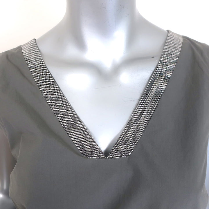 Brunello Cucinelli Monili-Trim Double V-Neck Mini Dress Gray Cotton Size Medium