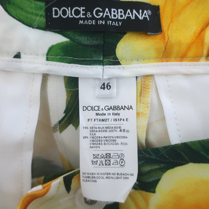 Dolce &amp; Gabbana Rose Print Tapered Trousers White/Yellow Silk Twill Size 46