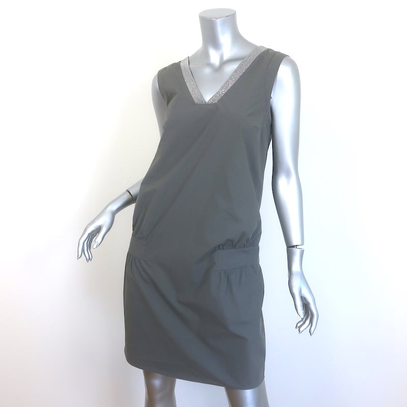 Brunello Cucinelli Monili-Trim Double V-Neck Mini Dress Gray Cotton Size Medium