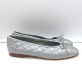 Chanel CC Cap Toe Bow Ballet Flats Silver Metallic Quilted Leather Size 41.5
