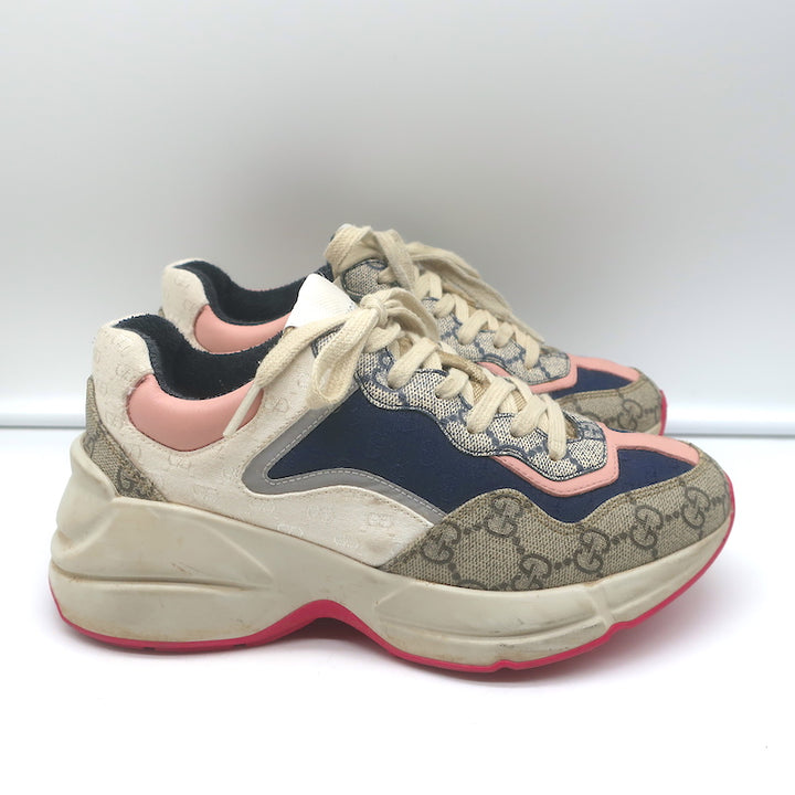 Gucci Rhyton GG Mixed Media Sneakers Navy/Multi Leather &amp; Canvas Size 35