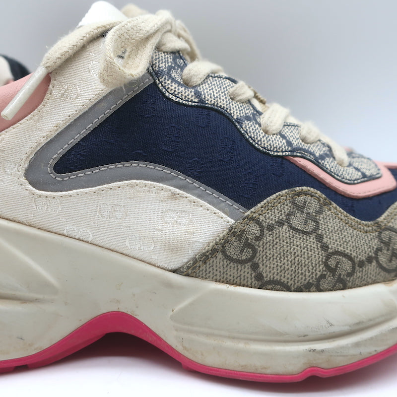 Gucci Rhyton GG Mixed Media Sneakers Navy/Multi Leather &amp; Canvas Size 35