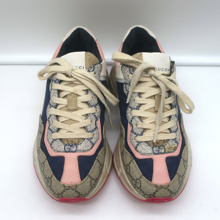 Gucci Rhyton GG Mixed Media Sneakers Navy/Multi Leather &amp; Canvas Size 35