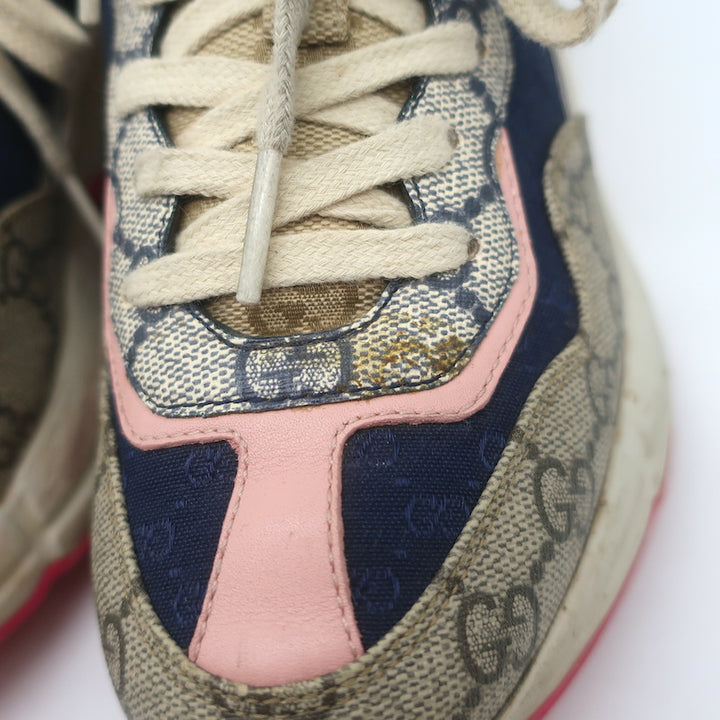 Gucci Rhyton GG Mixed Media Sneakers Navy/Multi Leather &amp; Canvas Size 35