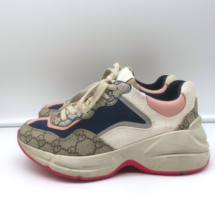 Gucci Rhyton GG Mixed Media Sneakers Navy/Multi Leather &amp; Canvas Size 35