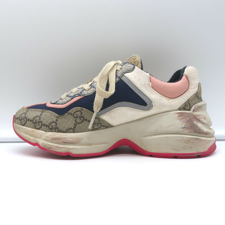 Gucci Rhyton GG Mixed Media Sneakers Navy/Multi Leather &amp; Canvas Size 35
