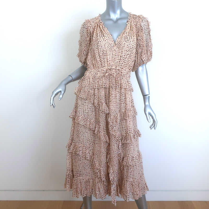 Ulla Johnson Cara Ruffled Midi Dress Beige Metallic Printed Chiffon Si Celebrity Owned Ulla Johnson Cara Ruffled Midi Dress Beige Metallic Printed Chiffon Si Celebrity Owned